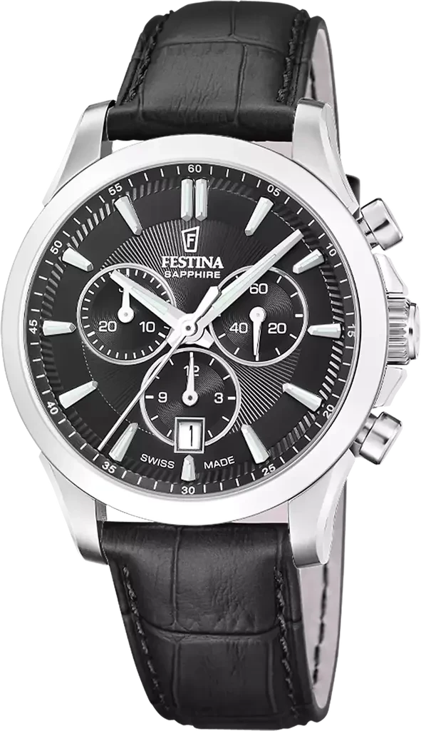 Наручний годинник чоловічий Festina Chrono Swiss Made F20094/5 з сталевим корпусом та чорним циферблатом