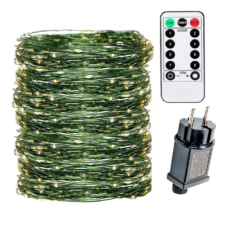Гирлянда светодиодная нить Роса 200 м 2000 Led от сети на зеленой проволоке с пультом ДУ Теплый белый