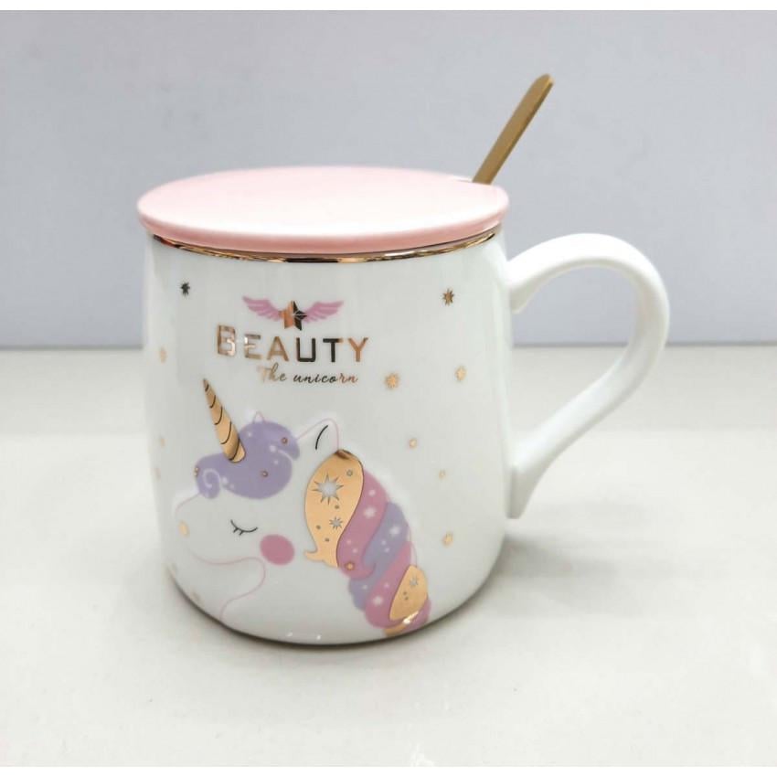 Чашка Stenson R88390 Единорог с крышкой и ложкой фарфоровая 400 мл