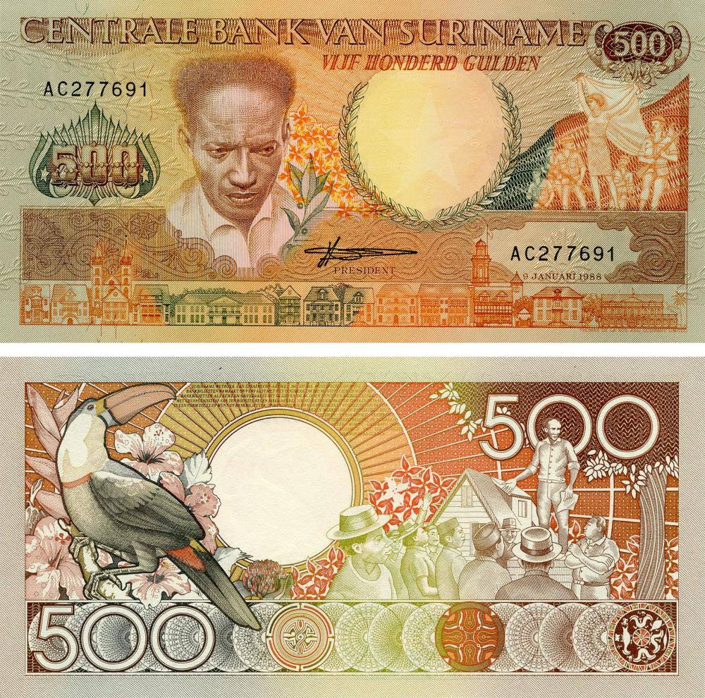 Коллекционная банкнота Суринам 500 гульденов 1988 UNC Птица-Попугай P135b (Б15993)