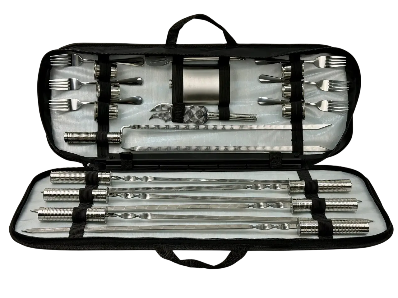 Набор шампуров в чехле GrillMaster Планшет Авангард NB-2240 цельнометаллический с двойным шампуром и флягой 23 пред. Серебристый (10-164-NB-2240)