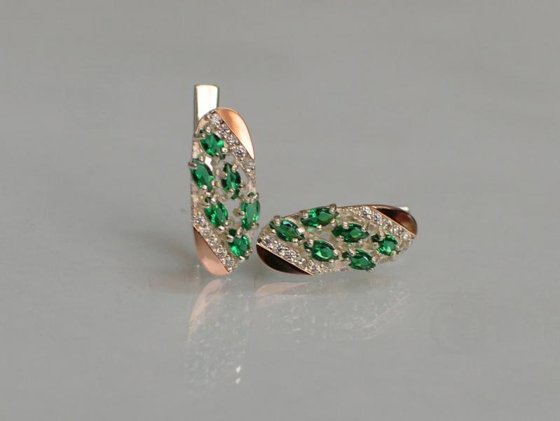 Серебряные серьги Sil с золотыми пластинами 116s-3 Зеленый (Sil-1253)