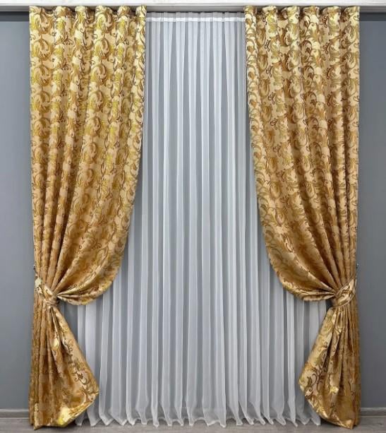 Ткань для штор жаккард Завиток 1,45 м Бежевый/Золотистый (1641ш) - фото 4