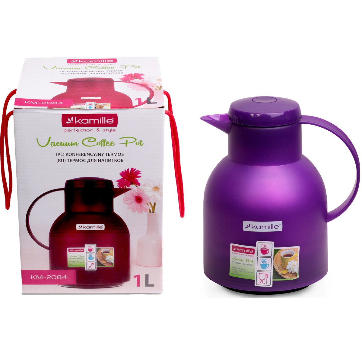 Термос Kamille 1000 мл пластиковый со стеклянной колбой Фиолетовый KM-2084FI