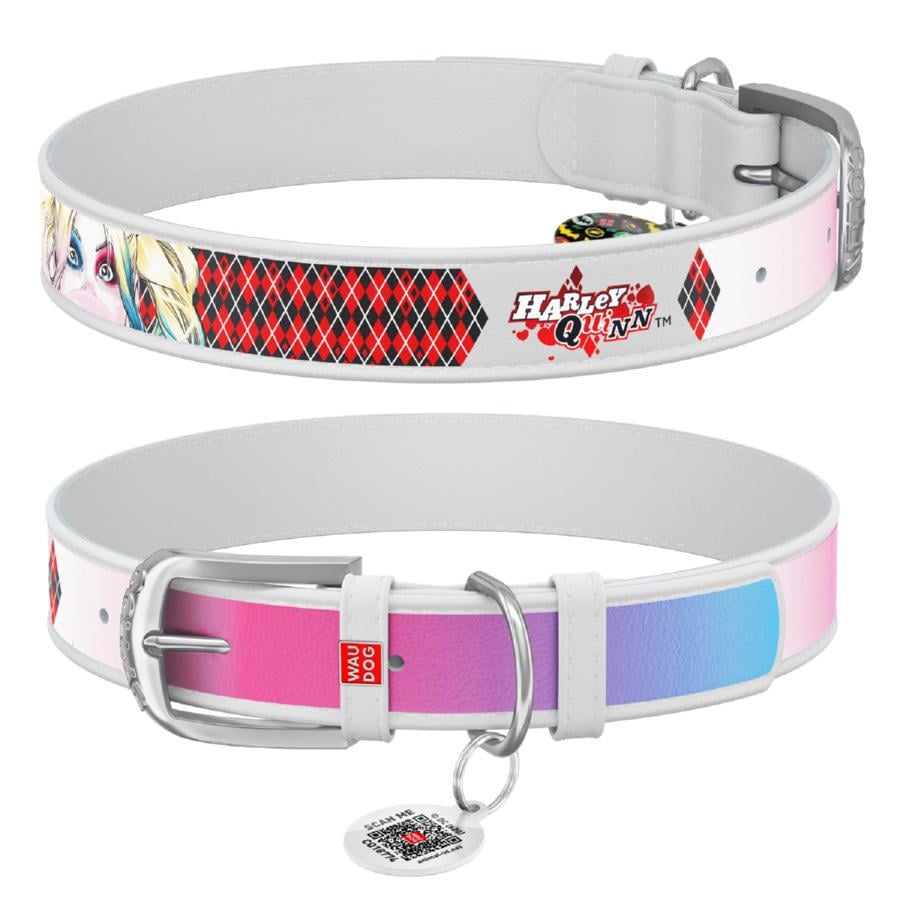 Ошейник для собак кожаный Waudog Design Харли Квинн с QR паспортом M 20 мм 29-38 см