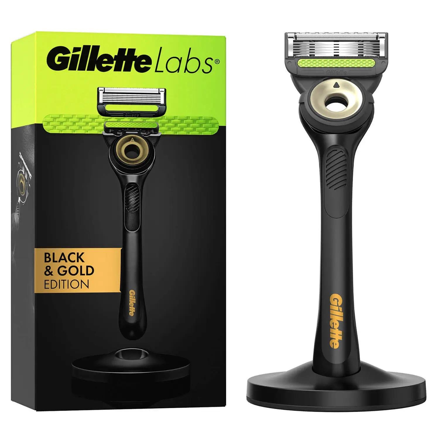 Станок для бритья мужской Gillette Labs BLACK AND GOLD edition 5 лезвий и 2 картриджа с подставкой и кейсом - фото 2