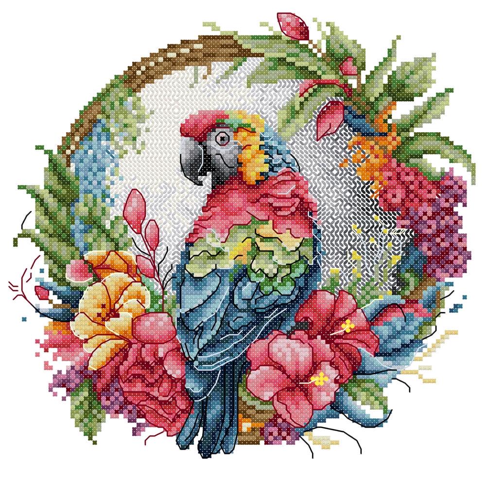 Набор для вышивания крестиком NKF Попугай на цветочном кольце DB075 ткань 14CТ с рисунком 27х27 см (39965)