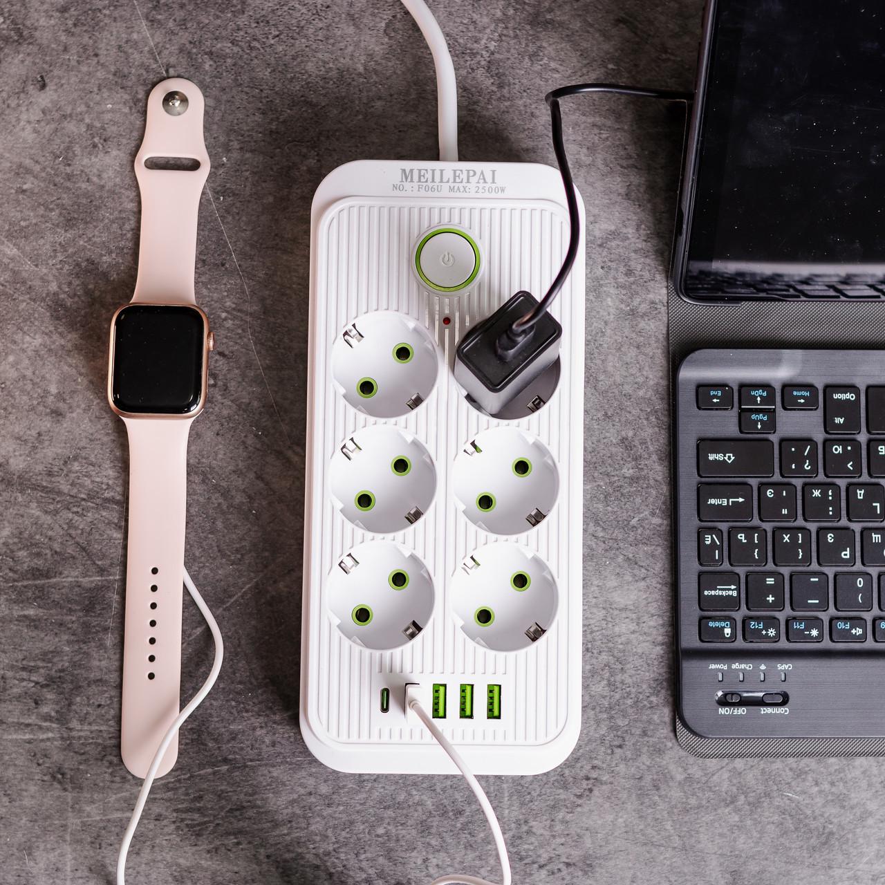 Фільтр мережевий HP-5-25 5 м F06U на 6 розеток 4 USB 1 Type-C та кнопкою відключення Білий (A-034386) - фото 2