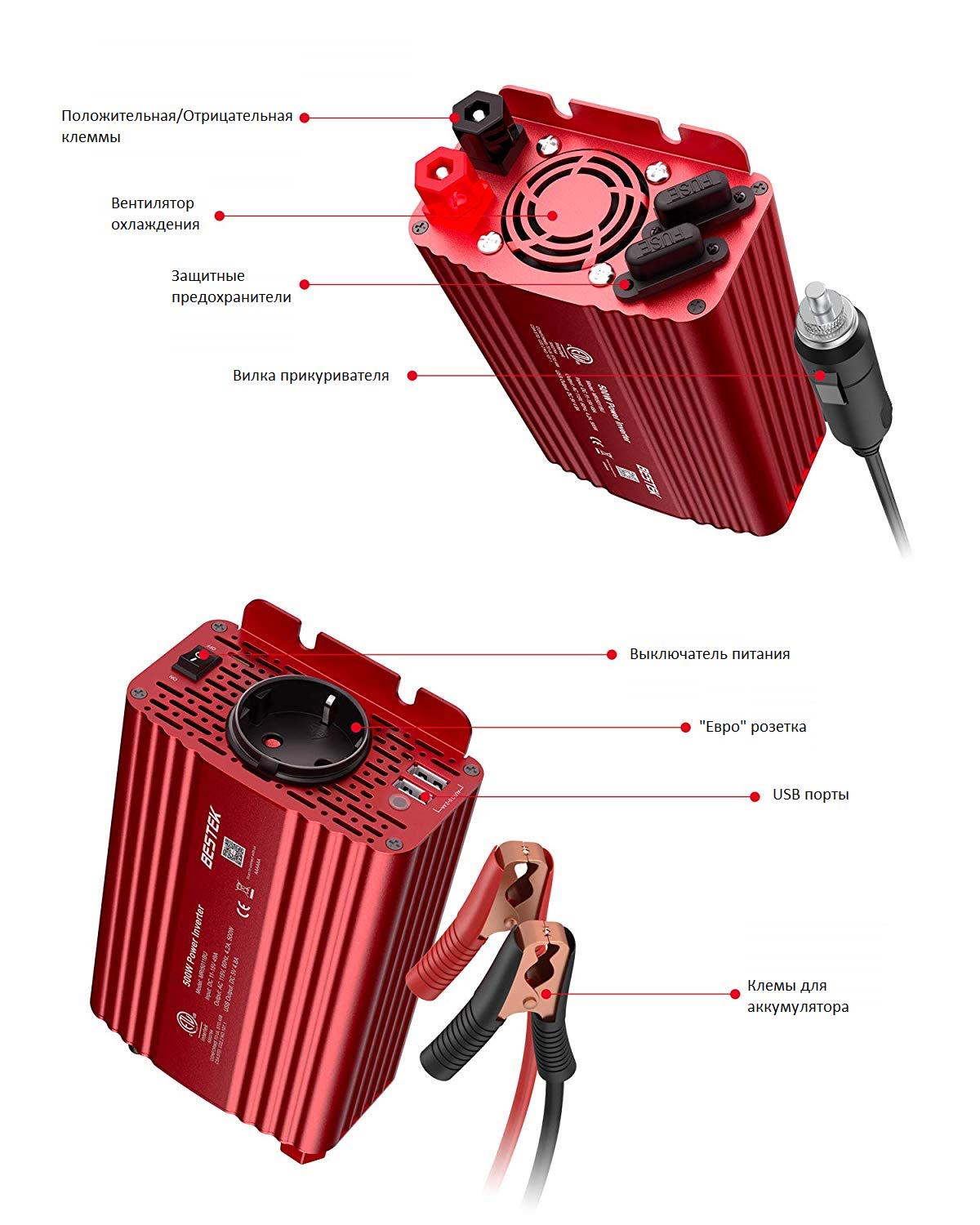 Автомобильный инвертор Bestek MRZ5013BU 500 Вт с чистой синусоидой 12/220 В (4946374) - фото 2