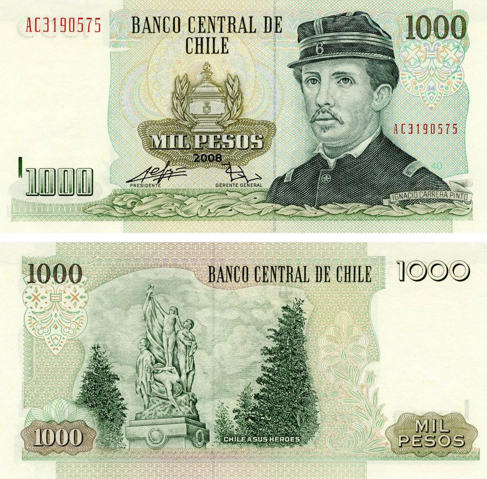 Коллекционная банкнота Чили 1000 песо 2008 UNC P154 (Б13498)