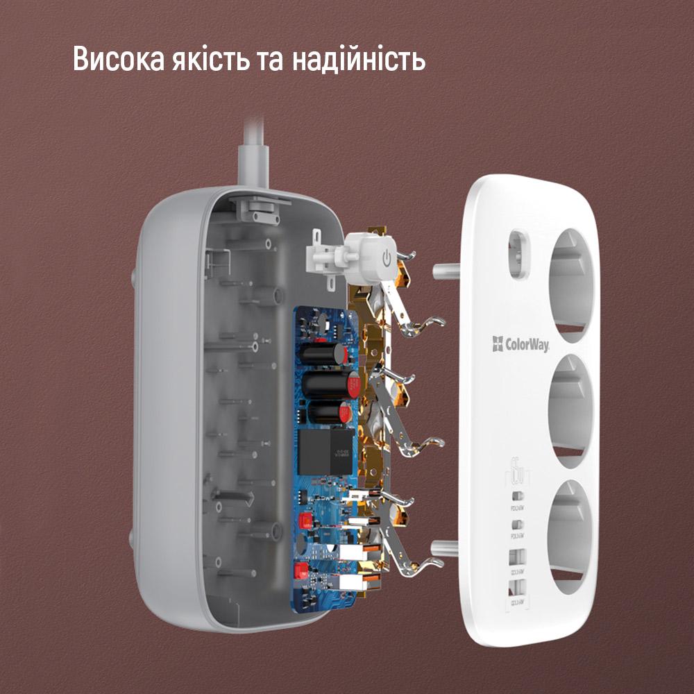 Фильтр-удлинитель сетевой СolorWay 3 розетки/4USB GaN3 Pro PD 2USB-A/2 TYPE-C 65W 2 м White (CW-CHE34PDW) - фото 12