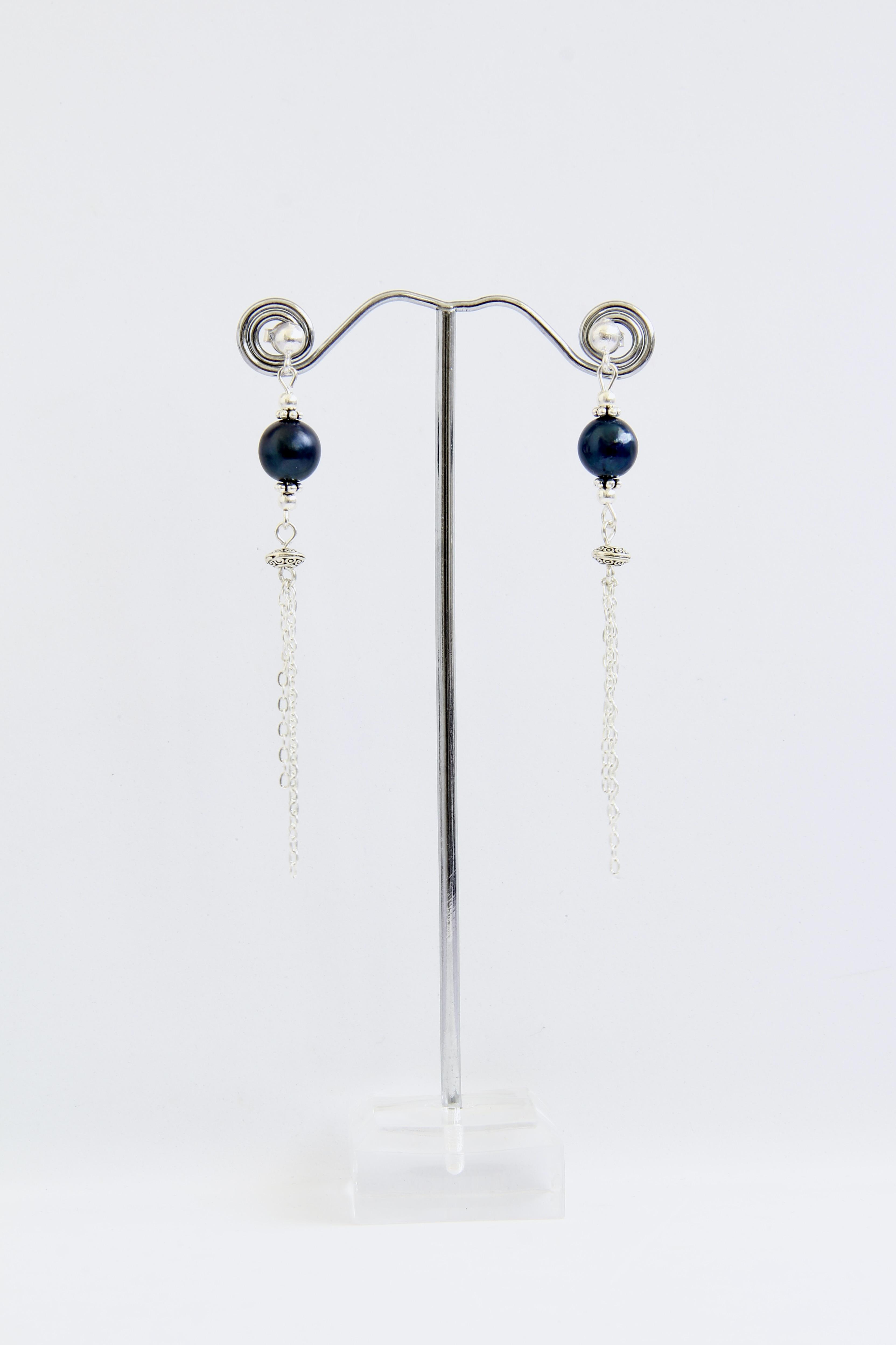 Сережки довгі срібло ланцюжки з натуральними перлами Elegant Blue ручна робота (ER-0065)