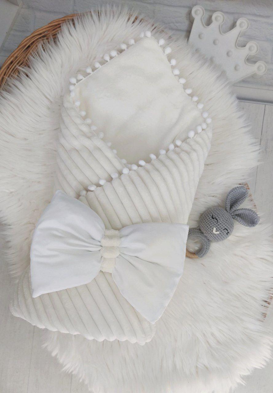 Конверт-одеяло на выписку/в кроватку/в коляску Шиншилка бант-резинка махра Белый