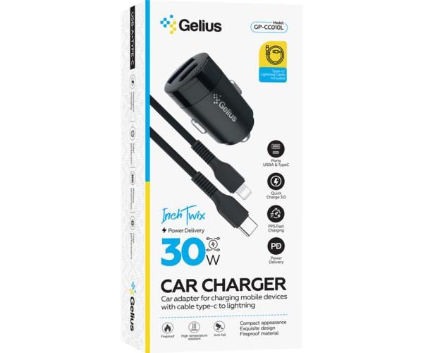 Зарядний пристрій автомобільний Gelius Pro Inch Twix GP-CC010L USB QC3.0 Type-C PD 30W cable Type-C-Lightining Black - фото 5 Зарядний пристрій автомобільний Gelius Pro Inch Twix GP-CC010L USB QC3.0 Type-C PD 30W cable Type-C-Lightining Black - фото 5