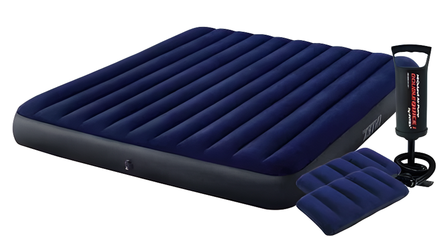 Надувной матрас Intex 64755-2 с технологией Fiber-Tech с двумя подушками и велюровым насосом 183х203х25 см Синий (34-9-64755-2)