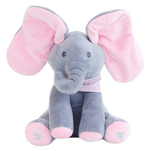 Игрушка развивающий музыкальный слоник Peekaboo Elephant с розовыми ушками Серый (111297)