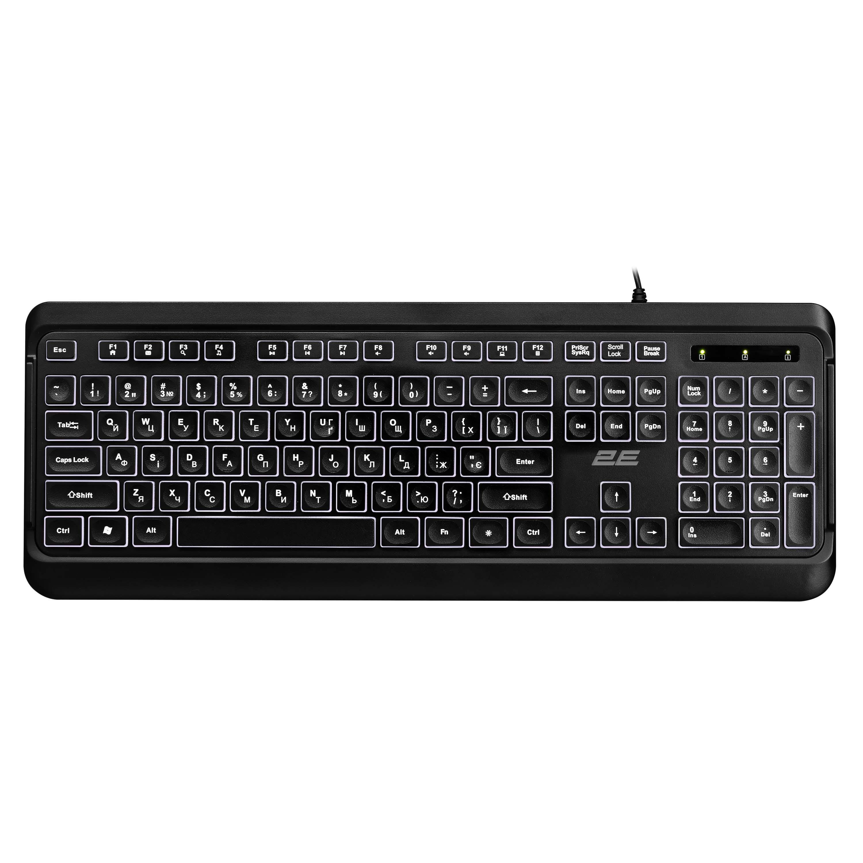 Клавиатура проводная 2E KS120 Белый LED-подсветка Черный (625104)