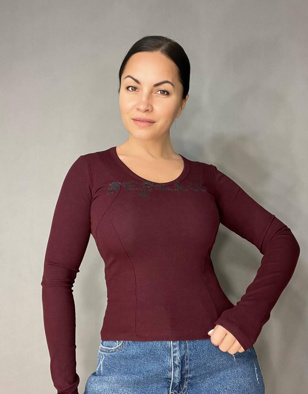 Лонгслів жіночий A-N 25079 рубчик реглан v-виріз корсетні шви OS Бордовий (3454) - фото 6 Лонгслів жіночий A-N 25079 рубчик реглан v-виріз корсетні шви OS Бордовий (3454) - фото 6