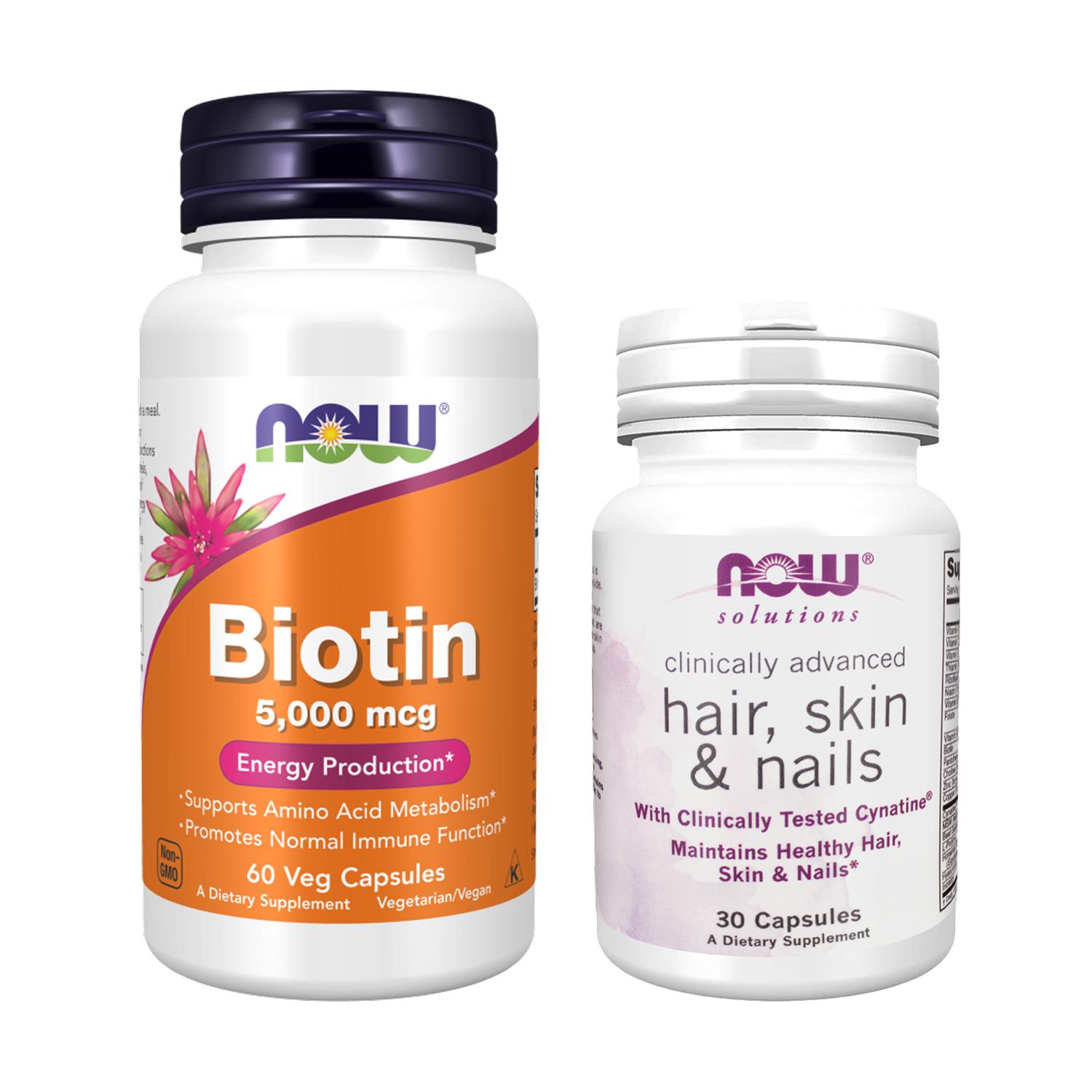 Вітаміни для волосся, шкіри, нігтів Now Foods Біотин 5000 мкг №60/CLINICAL HAIR SKIN&NAILS №30 2 банки