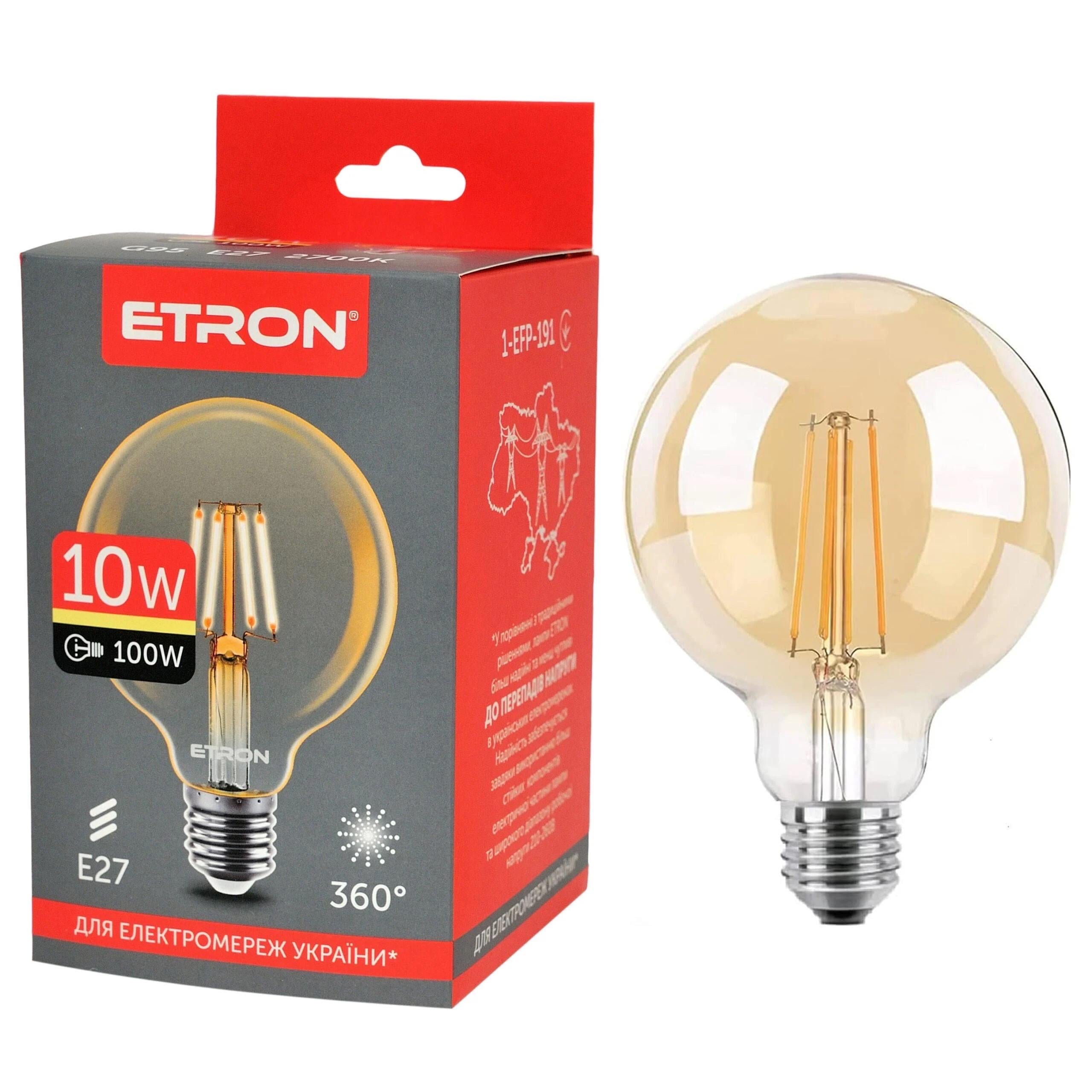 LED-лампа філаментна ETRON G95 10W E27 2700K Теплий білий/Золотий (27844722)