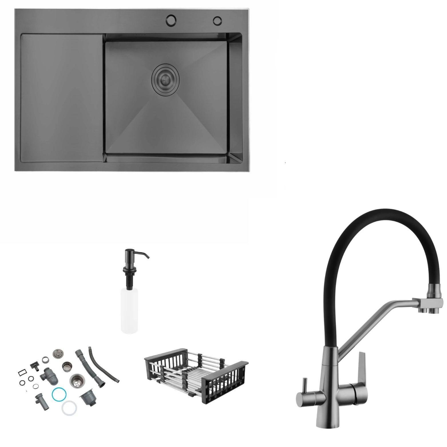 Мойка кухонная Lidz H6350BR PVD встроенная 3,0/1,0 мм Brush 630х500/215 мм/смеситель для кухни PVD03817 с подключением к фильтру