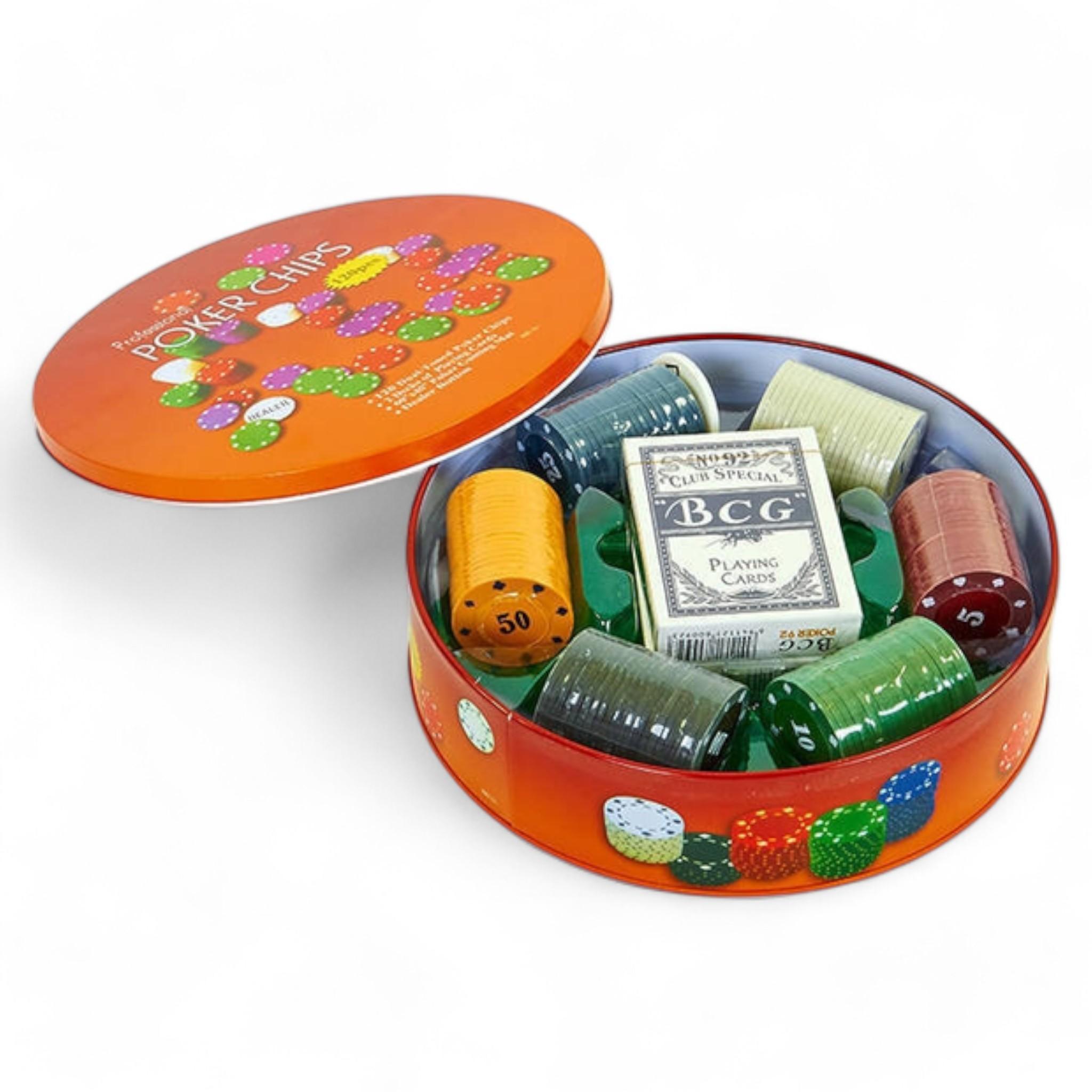 Набор игровых покеров Poker Chips покер на 120 фишек с номиналом в круглой металлической коробке (25738386)