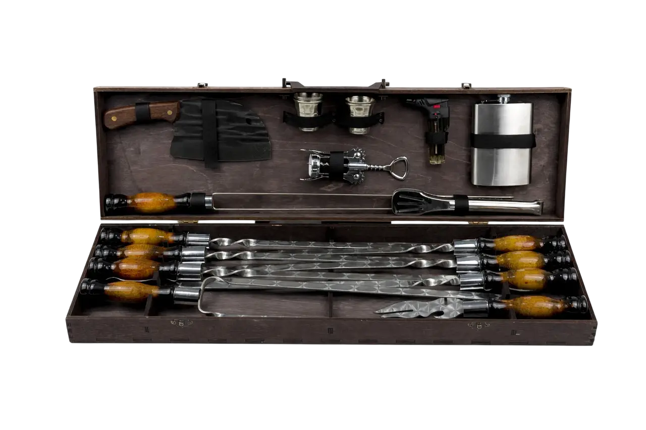 Набор шампуров GrillMaster Вуд NB-3013 двойной шампур/тесак фляга нержавеющая сталь 3 мм 20 пр. (10-164-NB-3013)