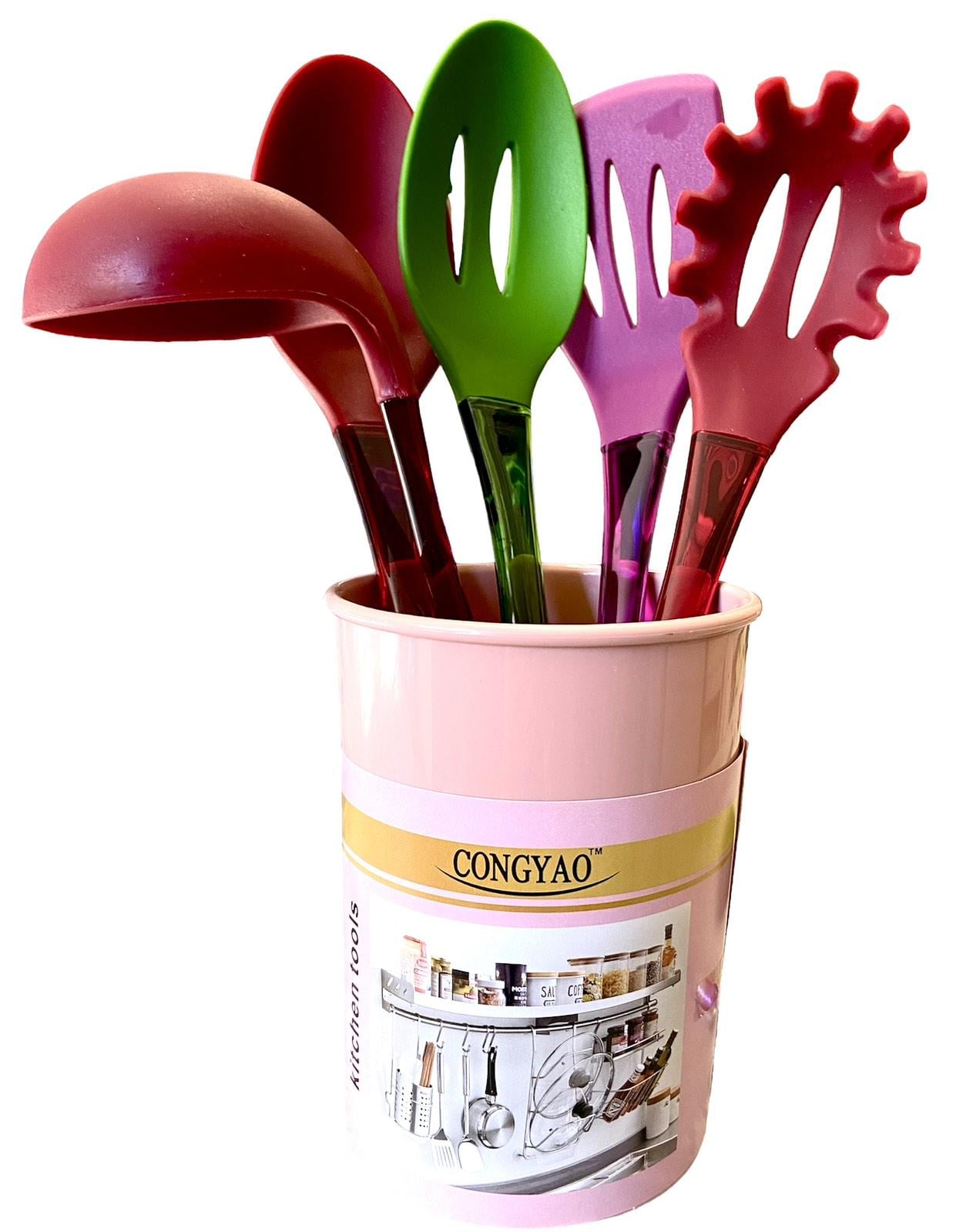 Набор для кухни Congyao Kitchen tools силиконовый кухонный 5 предметов с подставкой Розовый