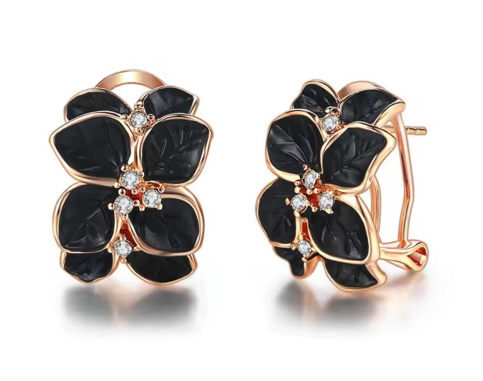 Серьги Primo Glory в форме цветов с черными лепестками и кристаллами Gold/Black (2765665203)