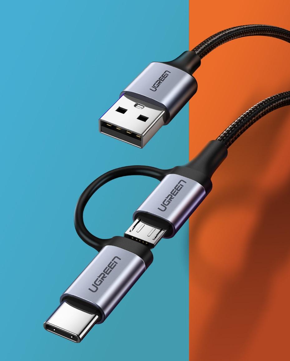 Кабель зарядный Ugreen Micro USB 2,4 A + Type-C 3 A с алюминиевым корпусом 1 м Black (US177) - фото 2