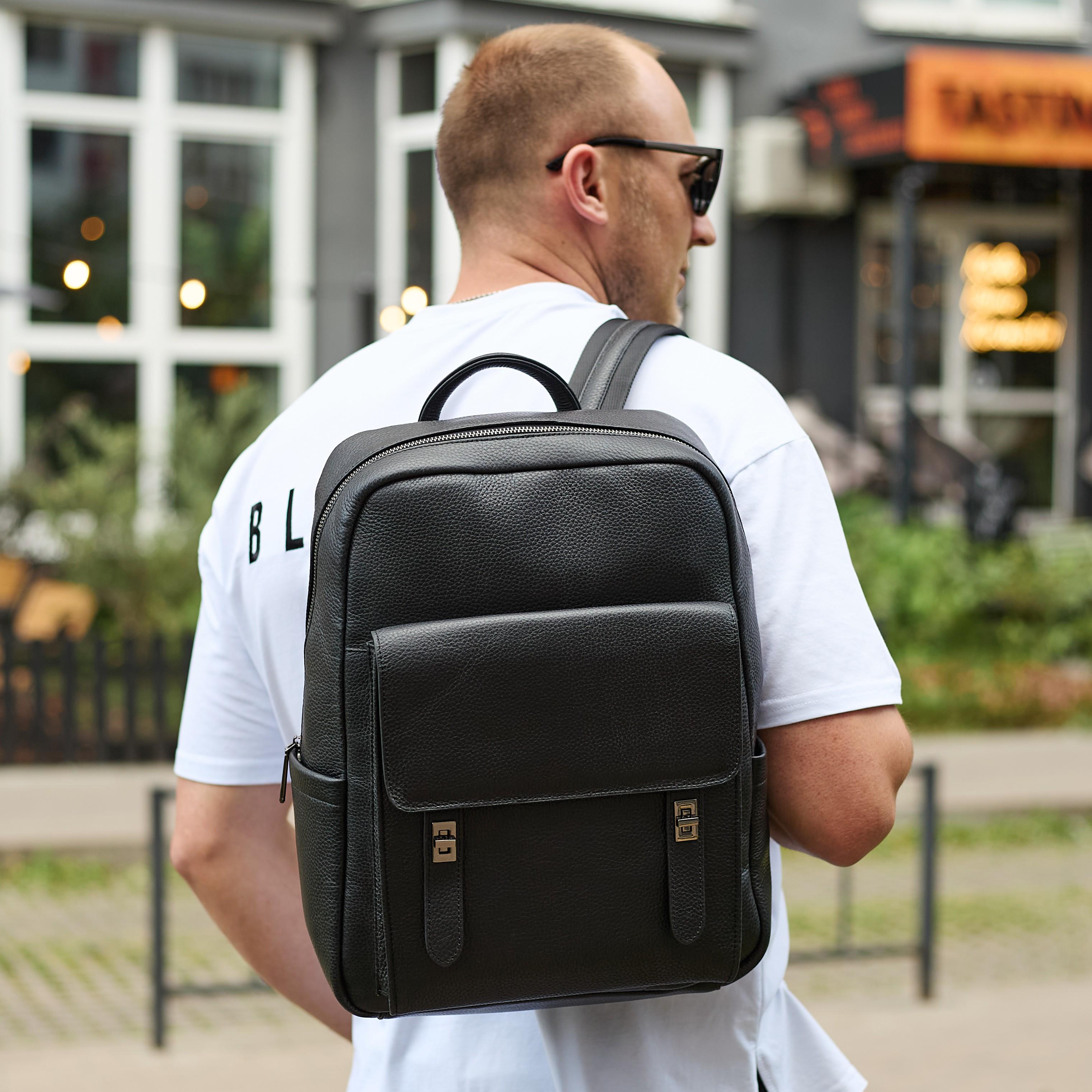 Городской рюкзак мужской кожаный Tiding Bag 40х30х17 см Черный