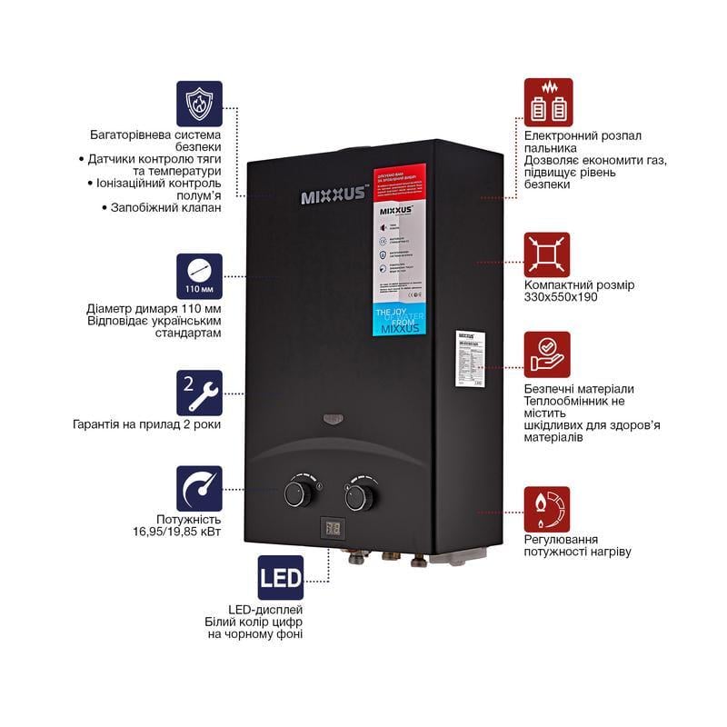 Газова колонка MIXXUS GWH-0210 Basic димохідна 17 кВт 10 л/хв Чорний (OL-WH0023) - фото 4 Газова колонка MIXXUS GWH-0210 Basic димохідна 17 кВт 10 л/хв Чорний (OL-WH0023) - фото 4