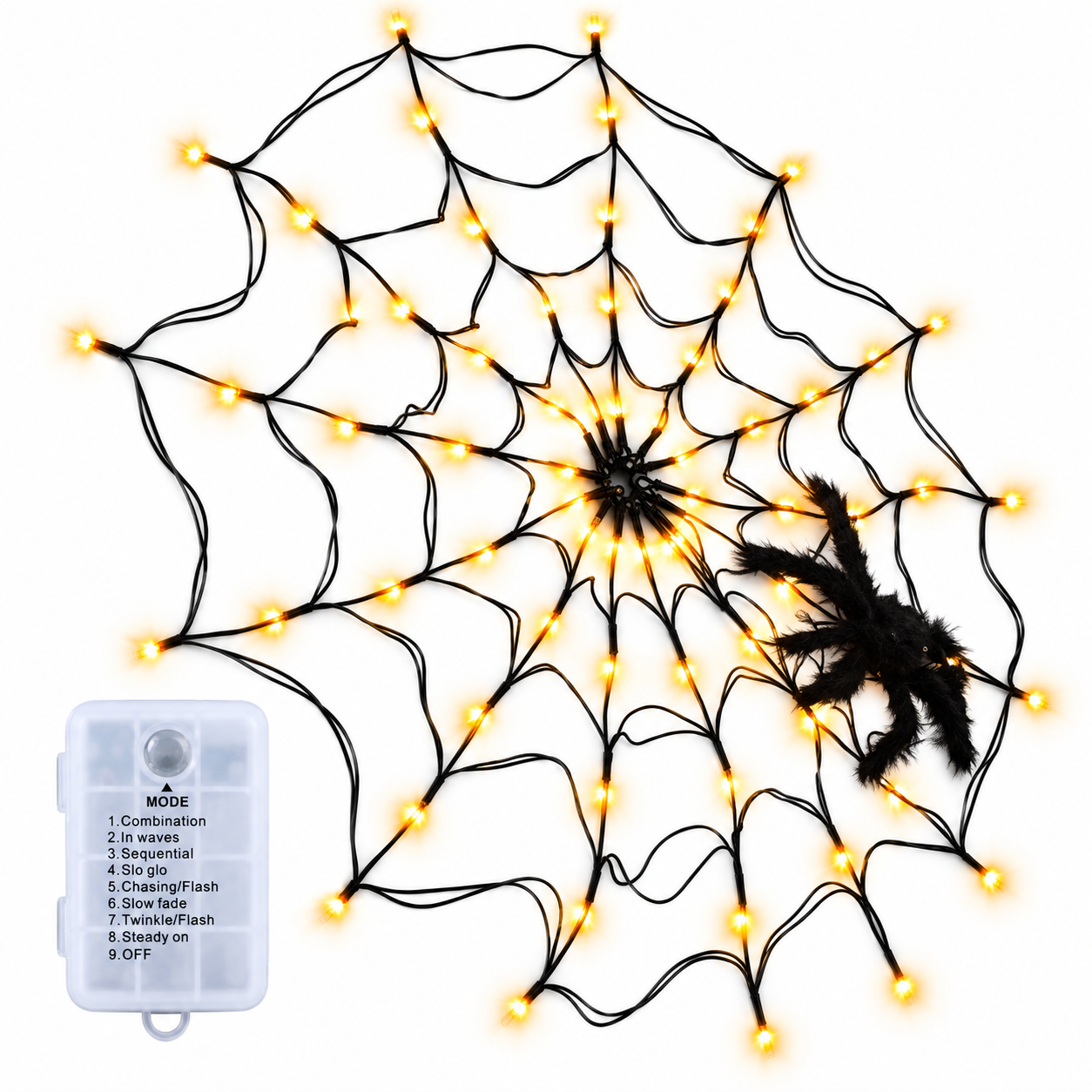 Гирлянда светодиодная на Halloween паутина с пауком 110 см 70 LED 8 режимов на батарейках