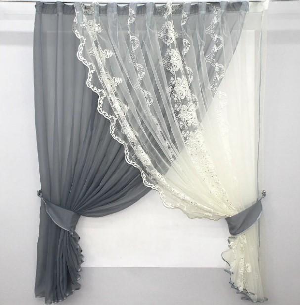 Занавеска на кухню шифон/фатин 310х170 см Серый/Кремовый (101к)