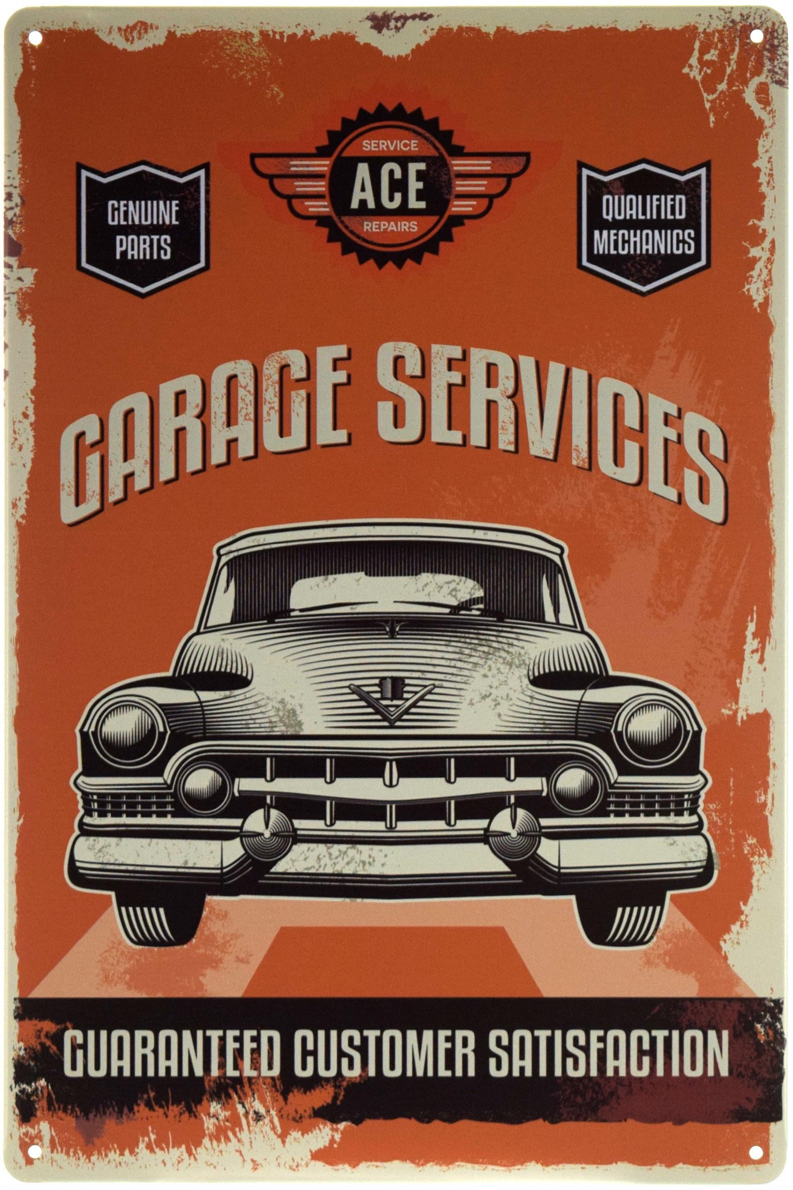 Табличка металлическая Гаражный Сервис/Garage Services Guaranteed Customer Satisfaction 20x30 см