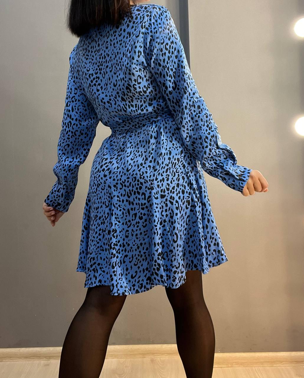 Платье женское MIX RAY 4219 леопардовый принт короткое на пуговицах с поясом S Голубой (1413) - фото 5 Платье женское MIX RAY 4219 леопардовый принт короткое на пуговицах с поясом S Голубой (1413) - фото 5