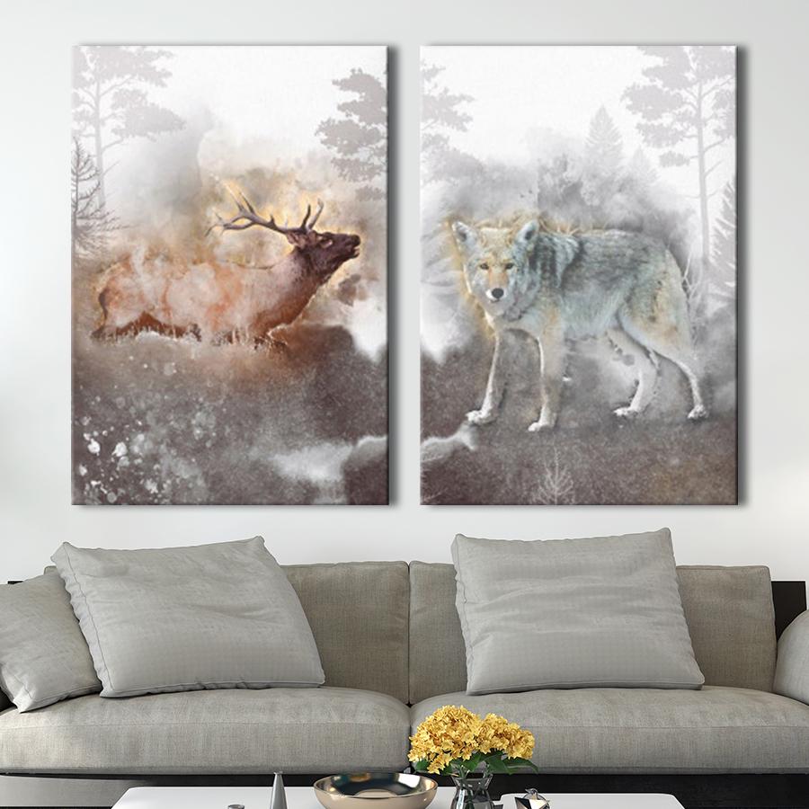Модульная картина на холсте диптих Олень и волк в лесу 123x80 см (MK21212)