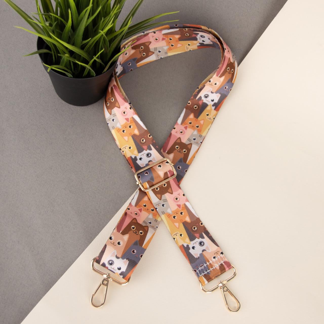 Ремень для сумки текстильный Цветные котики 5761 gold с карабинами 38 мм (2940782260)