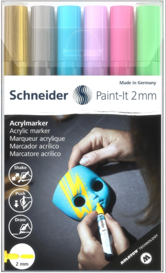 Маркер акриловий для декоративних і художніх робіт Schneider Paint-it Wallet Set2 6 кольорів 2 мм