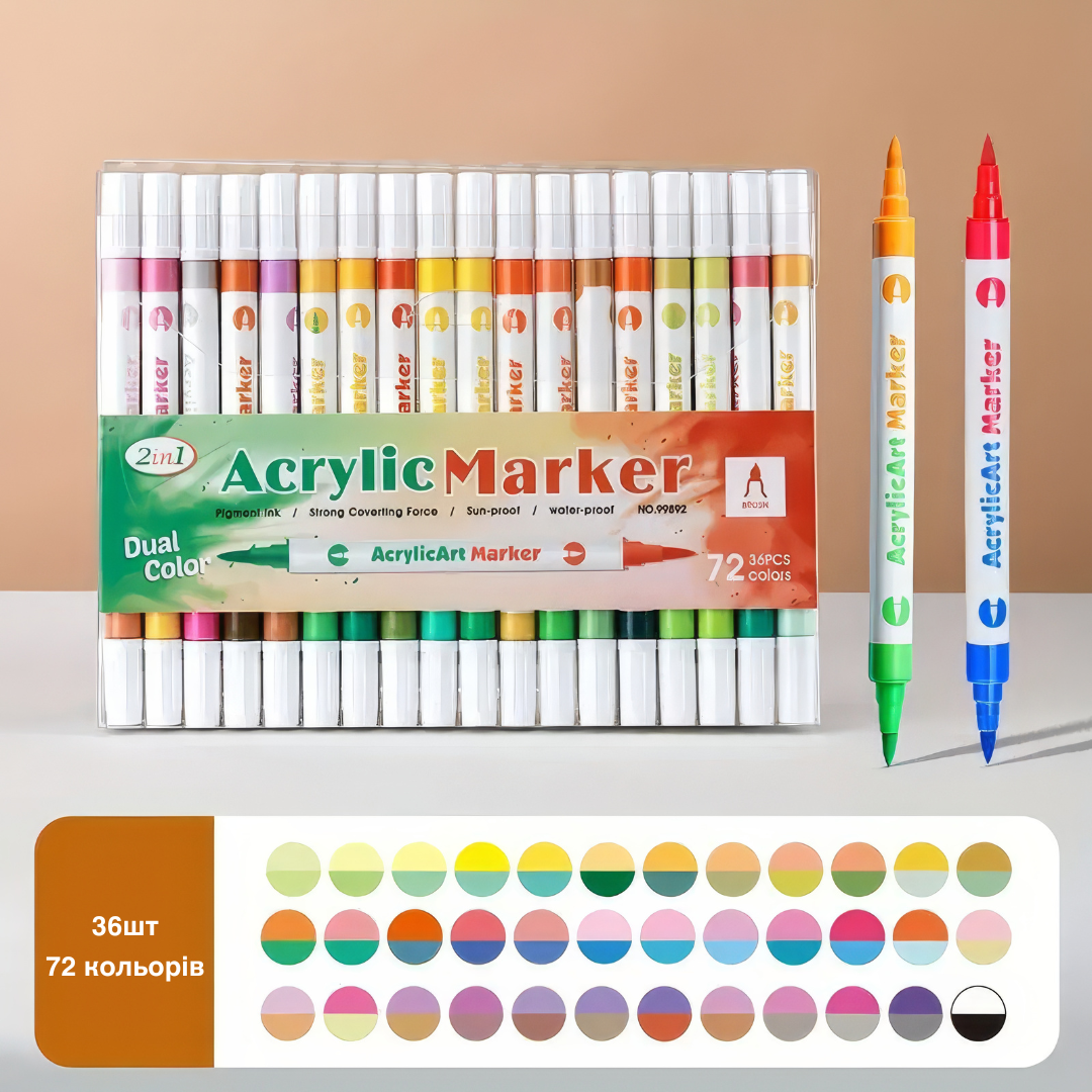 Набір акрилових маркерів на водній основі 36 шт. 72 кольорів (JH-SG-987PVC-72) - фото 2 Набір акрилових маркерів на водній основі 36 шт. 72 кольорів (JH-SG-987PVC-72) - фото 2