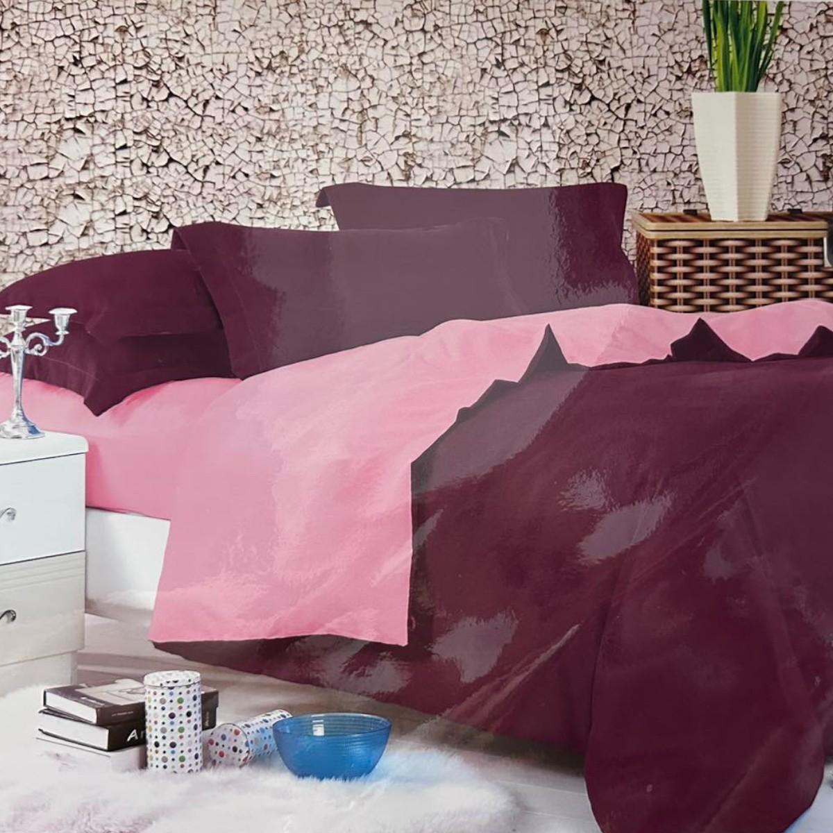 Комплект постельного белья Koloco сатин евро Малиновый с розовым (42414)