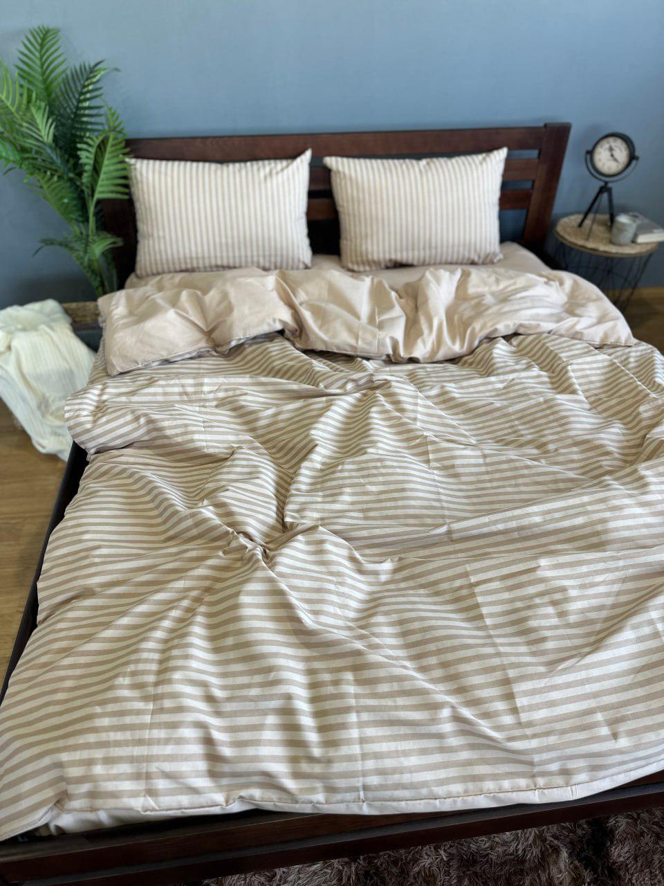 Комплект постільної білизни в смужку простирадло на резинці двоспальний 160x200х20/70х70 см Бежевий (25826674) - фото 3