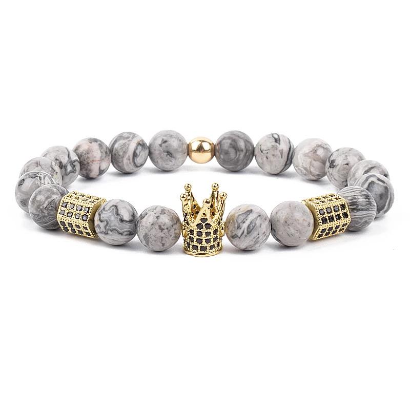 Браслет из яшмы с высокой короной и многогранниками р. 17 Серый/Золотой (20054)