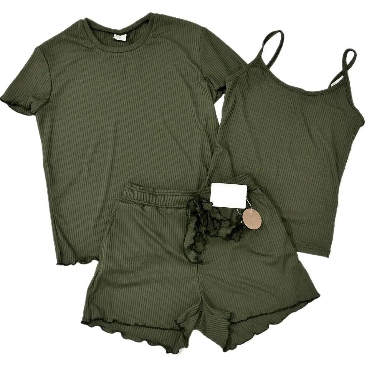 Пижама женская тройка в рубчик L Оливковый (Д-al-rub-25-006-03)