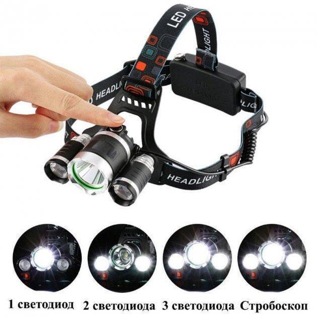 Налобний світлодіодний ліхтар HeadLamp з акумулятором та трьома головками (5165211) - фото 2