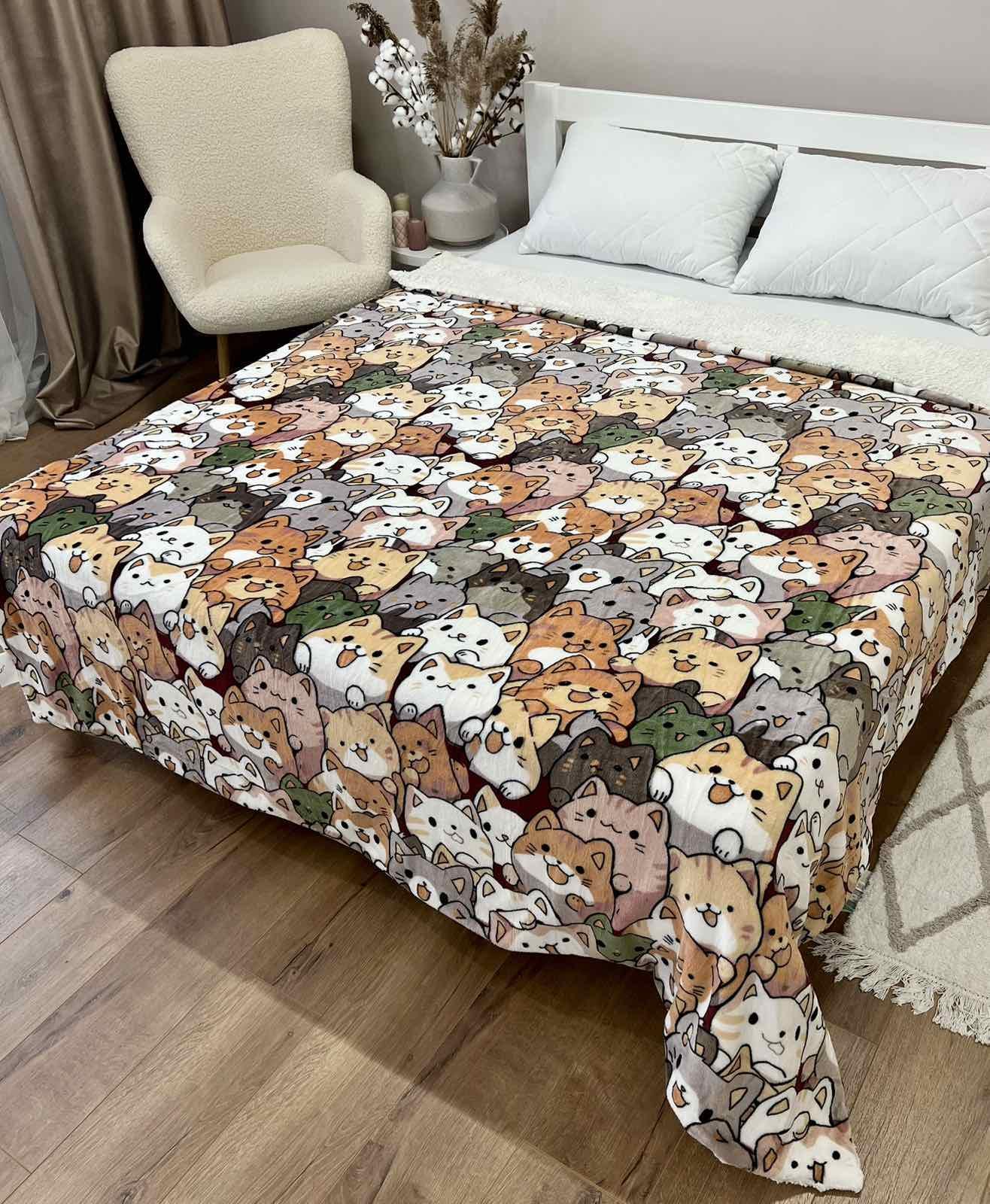 Плед двусторонний Коты велюр-шерсть 150x210 см Белый (27716671)