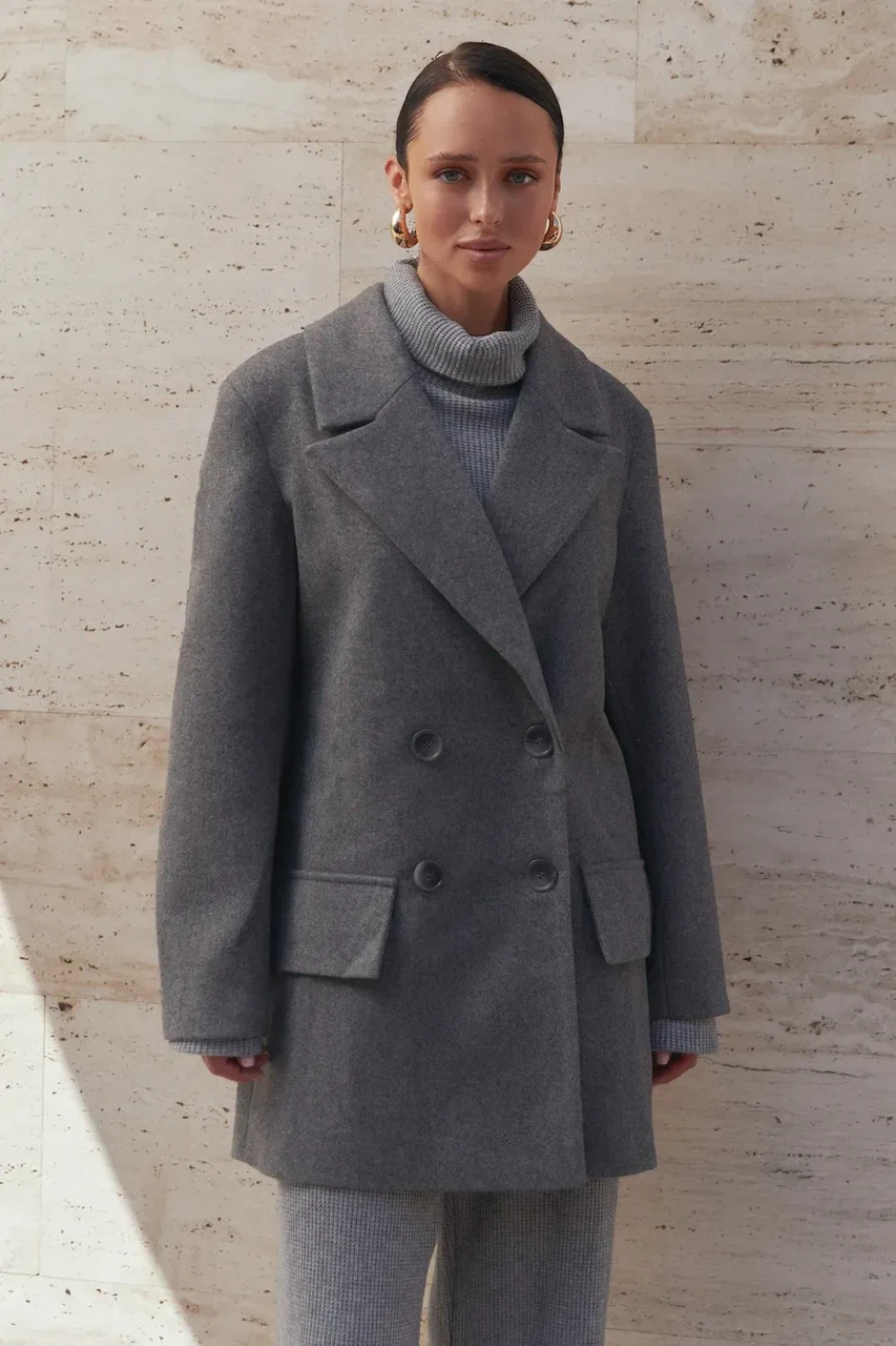 Пальто женское двухбортное XXL-3XL Серый (2736646111) - фото 2