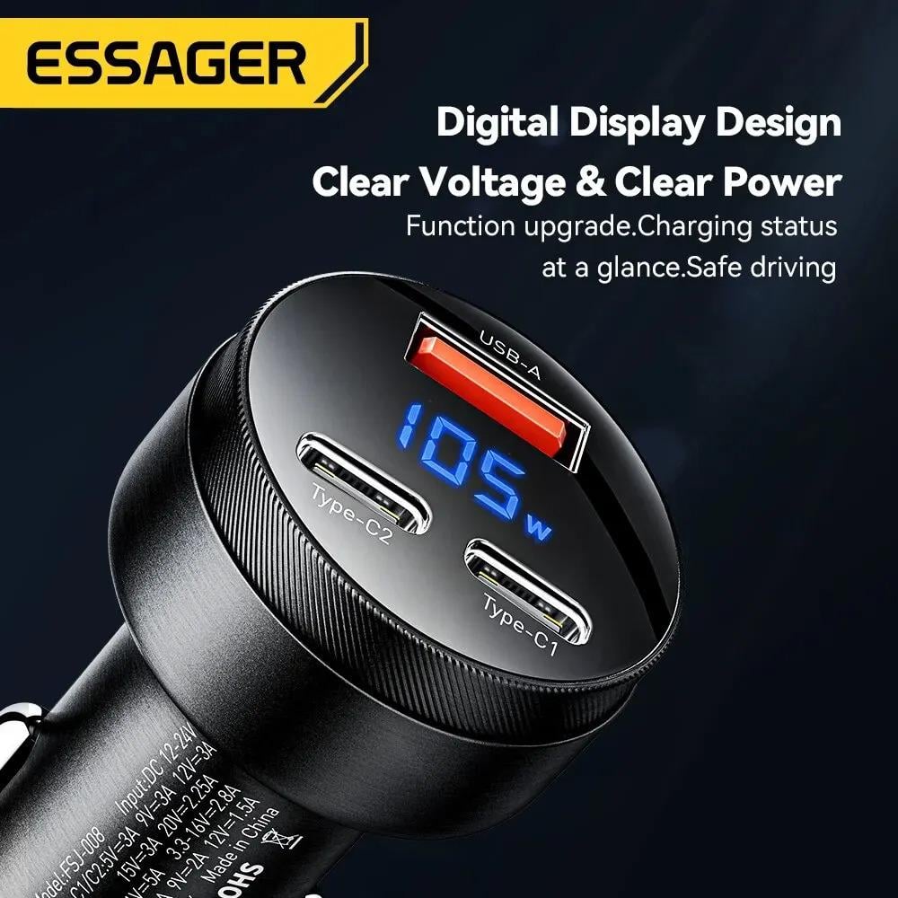 Зарядка в прикуриватель ESSAGER QC30 USB A 2 Type-C 105 Вт быстрая зарядка - фото 3 Зарядка в прикуриватель ESSAGER QC30 USB A 2 Type-C 105 Вт быстрая зарядка - фото 3