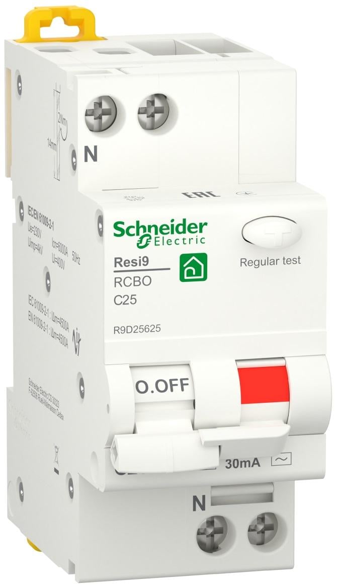 Диференційний вимикач Schneider Electric RESI9 1P+N 25A 30мA C тип АС (R9D25625) - фото 1