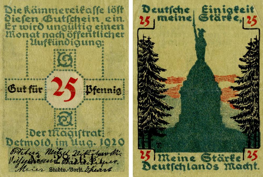 Коллекционная банкнота Германия Нотгельд 25 пфеннигов 1920 F-VF Детмольд (Б16173)